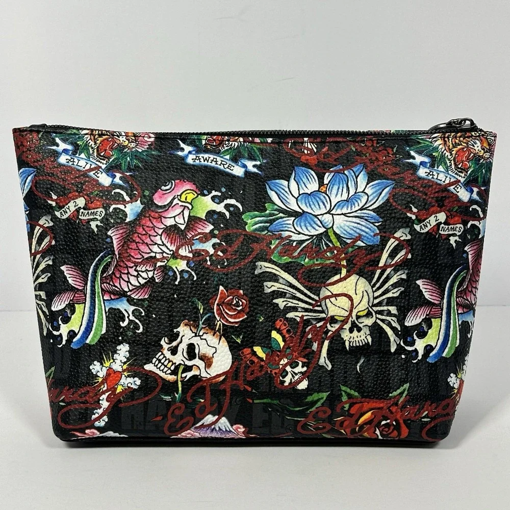 Ed Hardy Cosmetic Bag Skull Heart Koi Tattoo Print Makeup‎ Pouch Black
